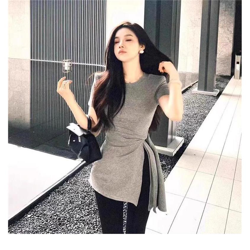 Milyfashion Gợi Cảm Tinh Khiết Desire Cao Khe Ren Áo Thun Ngắn Tay Nữ Mùa Hè Phong Cách Mới Không Đều Nghẹt Eo Ôm Hơn Nhìn Trang Trọng S