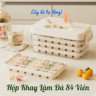 Hộp Khay Làm Đá 3 Tầng 84 Viên Tự Động, Khay Đá Có Nắp Kèm Hộp Đựng, Lấy Đá Nhanh Nhựa An Toàn