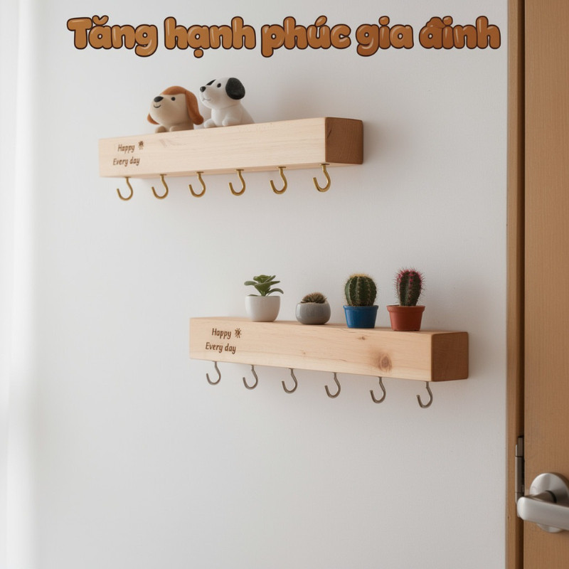 móc treo chìa khóa gỗ nguyên khối dán tường không khoan kệ treo đồ lối vào decor nhà