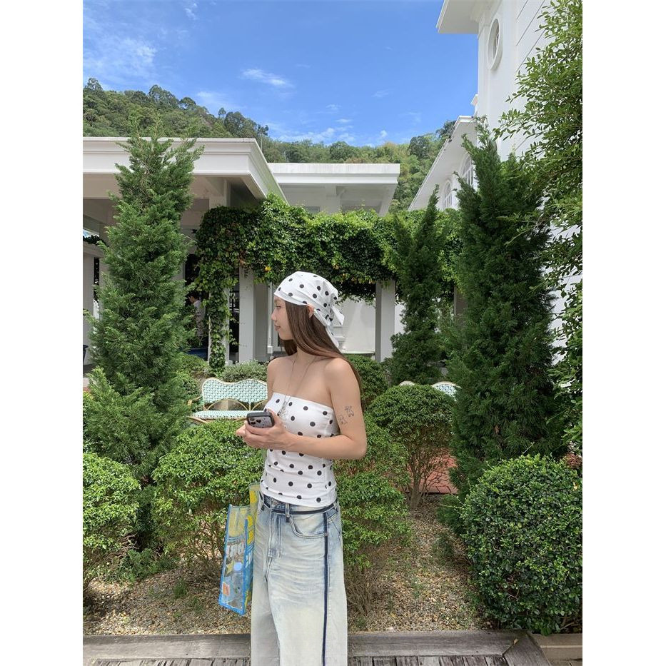 Milyfashion Với Miếng Lót Ngực Chấm Bi Ống In Hình Màu Trắng Mỏng Phù Hợp Với thon gọn Hơn Nhìn Không Tay Nữ Áo Ngắn