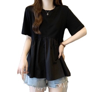 Áo Sơ Mi Bé Đen Áo Thun Tay Ngắn Plus Size Nữ Mùa Hè Béo mm Rời Bao Bụng Phong Cách Phương Tây Giảm Tuổi Top e