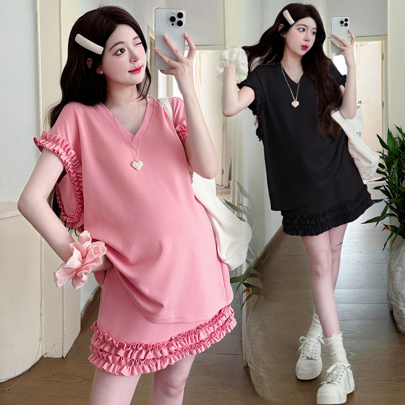 Bộ đồ bà bầu gồm váy vest ren mùa hè và bộ đồ hai mảnh ngắn tay