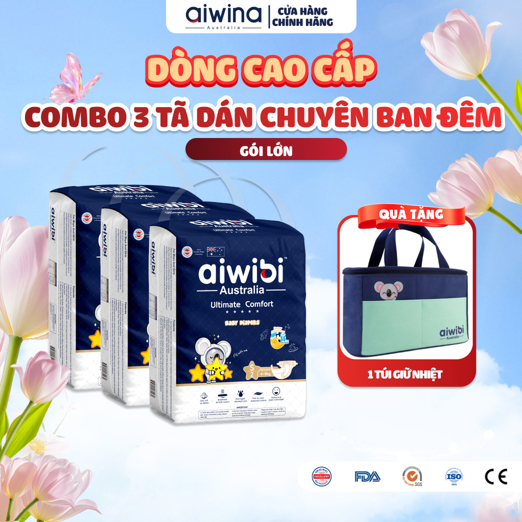 [Combo 3] Tã/Bỉm Dán Cao Cấp Aiwibi Chuyên Ban Đêm Ultimate Comfort - Gói Lớn S/M/L
