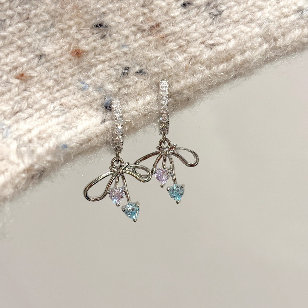 Thời trang khí chất nơ tình yêu zircon tinh tế đầy đủ kim cương cá tính bông tai nữ đa năng
