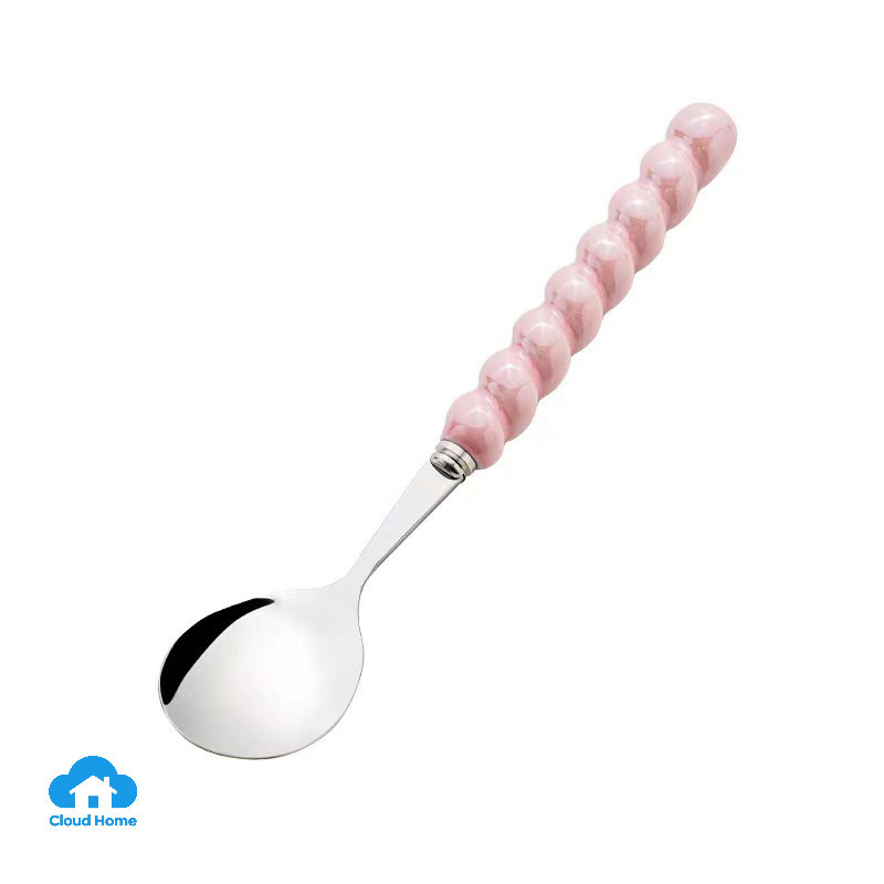 🌤️COD🌤️Thìa Inox Ăn Cơm Tay Cầm Ngọc Trai Nhiều Màu, Muỗng Ăn Cháo Súp Inox Không Rỉ,Cao cấp,Loại dày Cán Dài