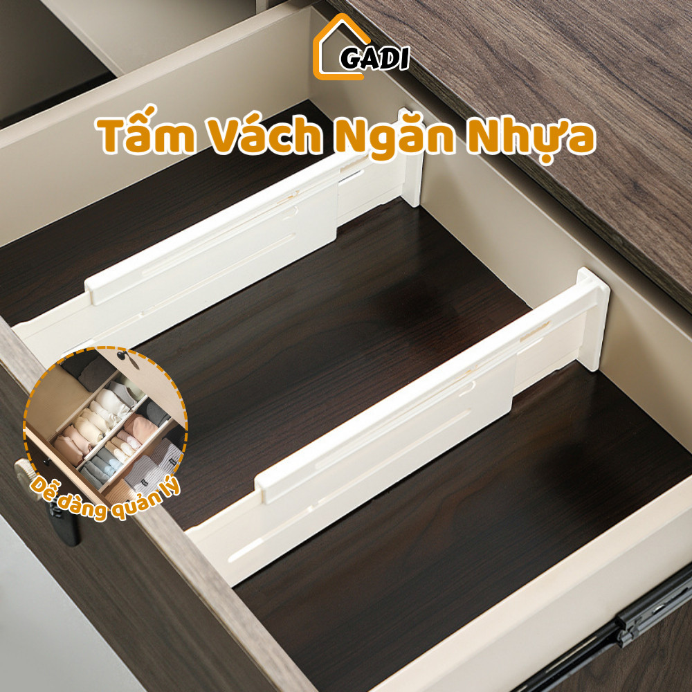 Tấm Vách Ngăn Nhựa Chia Ngăn Tủ Bếp, Thanh Trượt Kéo Giãn Kèm Đệm EVA Chống Xước Tiện Lợi