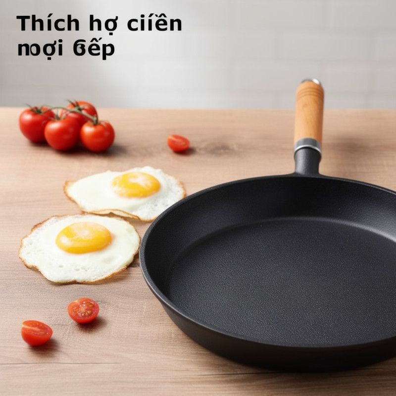 chảo gang chống dính đáy dày tay gỗ cách nhiệt rán bánh xèo bít tết bếp từ đa năng