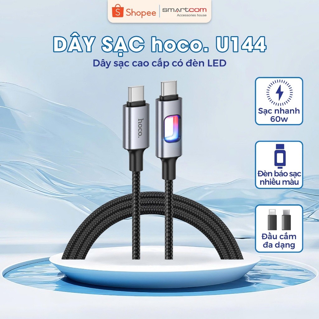 Dây cáp sạc nhanh ip cao cấp U144 Hoco chính hãng - có hệ thống đèn led báo sạc an toàn BH 6 tháng