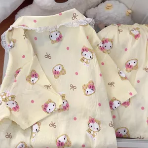 Dễ Thương Ren Vàng Mèo Con Bộ Đồ Ngủ Nữ Mùa Hè ins Phong Cách Nhật Bản Hoạt Hình Loungewear Phù Hợp Với Có Thể Mặc Bên Ngoài