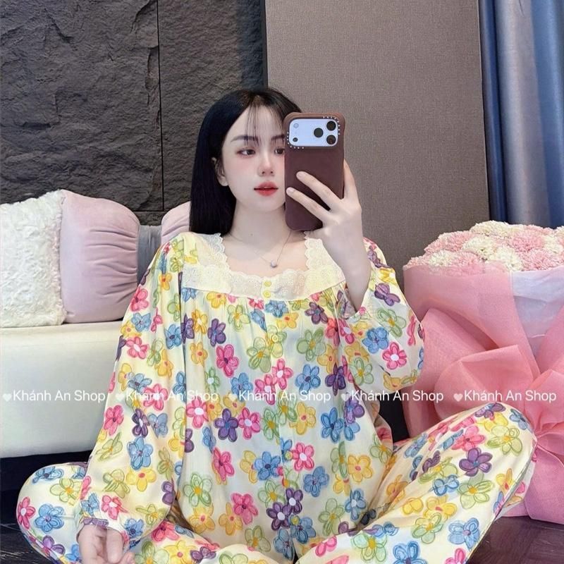 KA184 - Đồ Bộ Tole Lanh Áo Cổ Vuông  Phối Ren Tay Dài Quần Dài B2