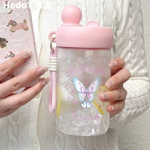 Hàn Quốc Họa Tiết Bướm Ống Hút Cốc Nước Nữ Sinh Viên Dễ Thương Cốc Nhựa Uống Đôi Dung Tích Lớn Di Động Dây Cốc Tiện Dụng