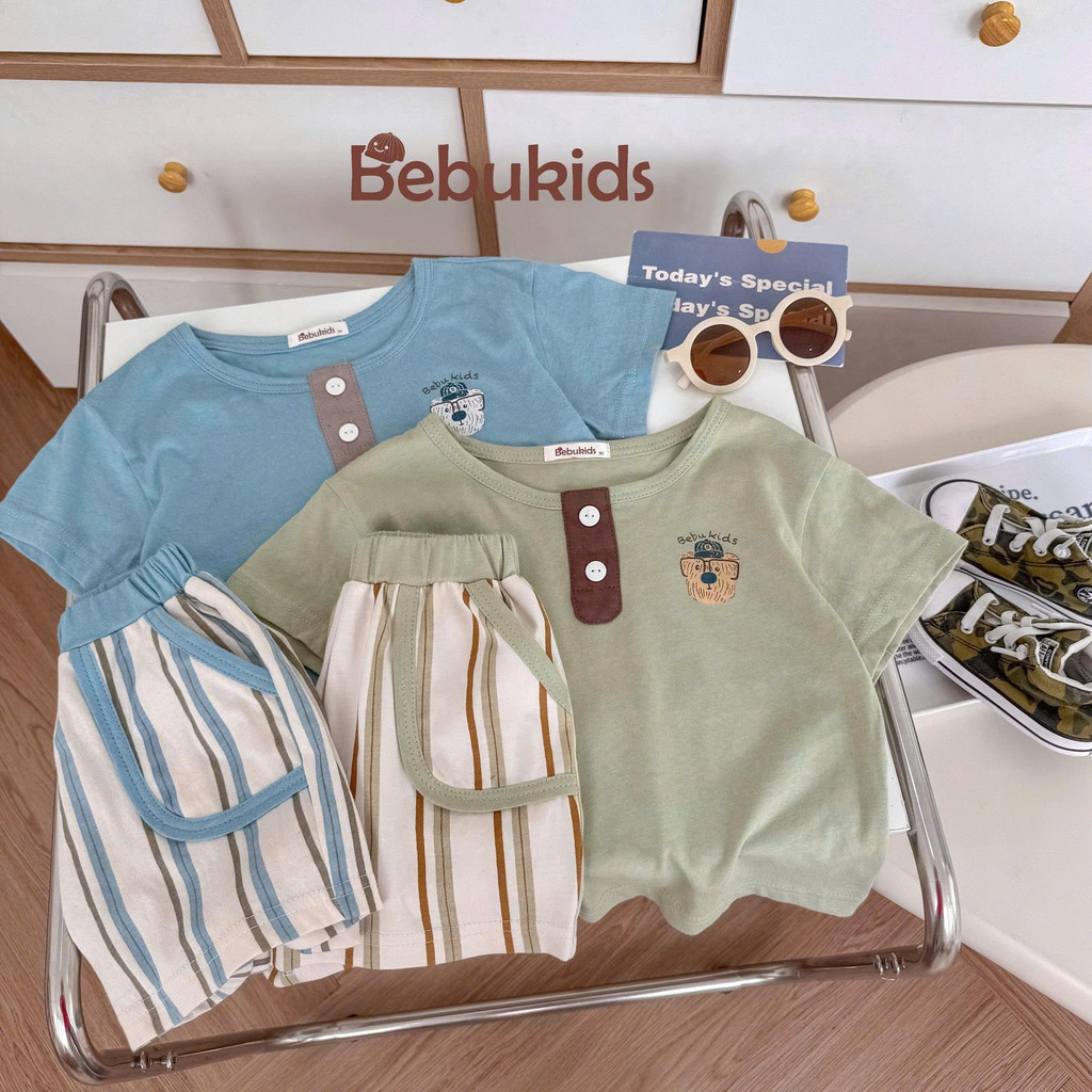 Bộ cotton cộc tay phối quần kẻ Bebukids, thiết kế năng động cho bé trai 8-21kg
