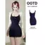Màu xanh hải quân Sweet Hot Girl Bộ đồ nữ xinh đẹp Mùa hè Mông Sling Filigree Eo Váy ngắn chữ A Du lịch Váy nhỏ Phong cách Cardigan