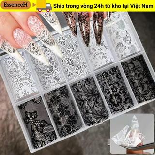 ESSENCEH Lá Móng Tay, Họa Tiết Sọc Ren Thiết Kế Dán Móng Tay, Hiệu Ứng Sequin Chuyên Nghiệp Đen Trắng Da Báo In Đề Can Móng Tay DIY