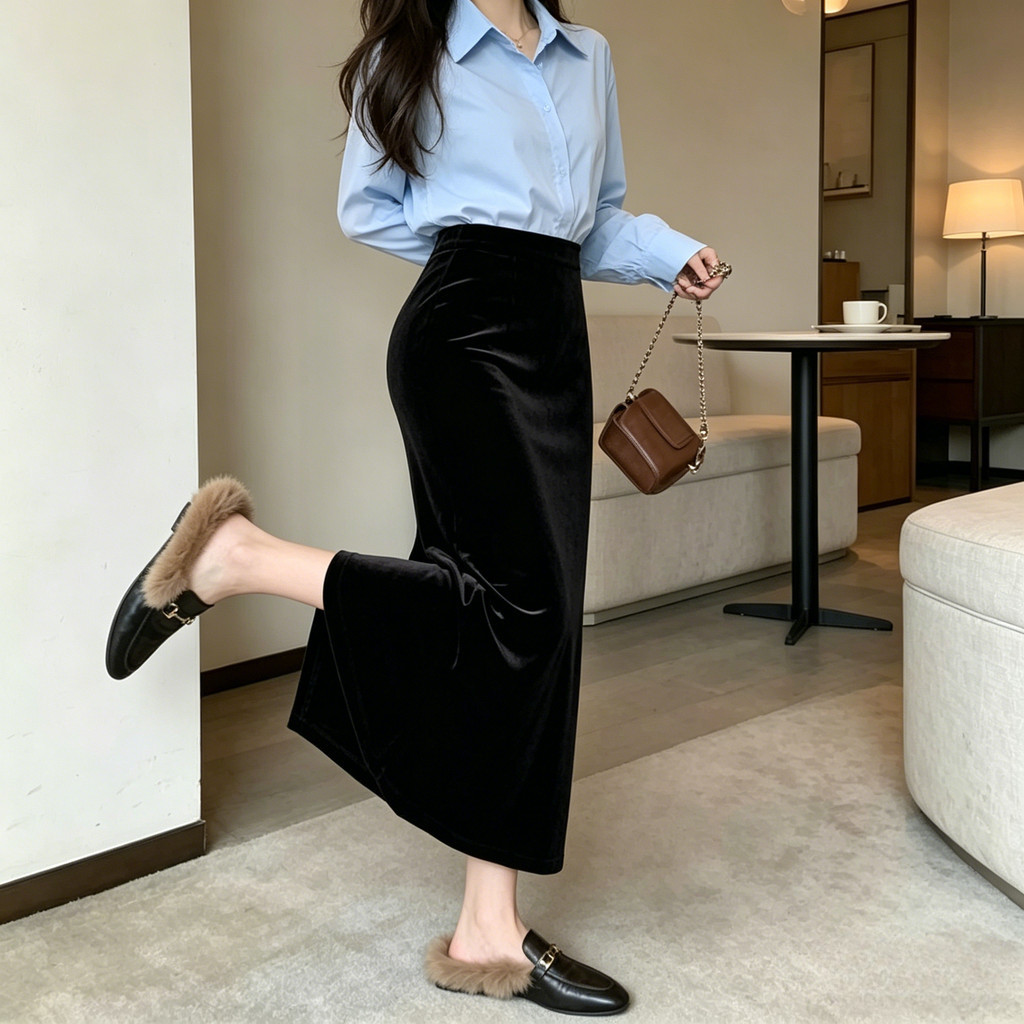 Váy nhung vàng Milyfashion retro với thiết kế xẻ eo cao và mông đen, phù hợp cho mùa thu đông.