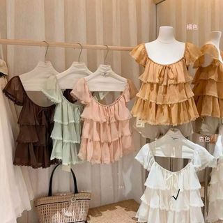 Một Kích Thước Voan Xù Nhiều Lớp Bánh Áo Sơ Mi Ngọt Ngào Nữ Tính Không Khí Lãng Mạn Thanh Lịch Áo Sơ Mi Áo Vest Nữ Mùa Hè Rời Ôm Hơn Nhìn Áo Chui Đầu Ngắn-