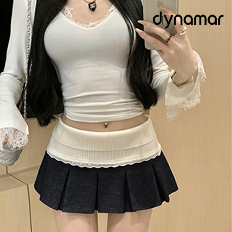 【dynamar】Chân váy xếp ly phối ren ôm sát, kiểu dáng gợi cảm, váy ngắn cạp cao dáng chữ A dành cho nữ.