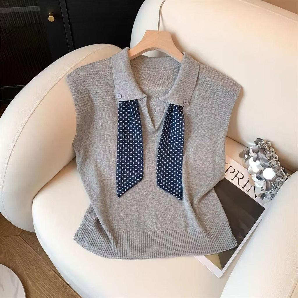 [Hàng mới về] Mùa hè Hàn Quốc Cổ áo polo Thời trang Ve áo Khăn lụa Thiết kế Sense Đan Áo len Top