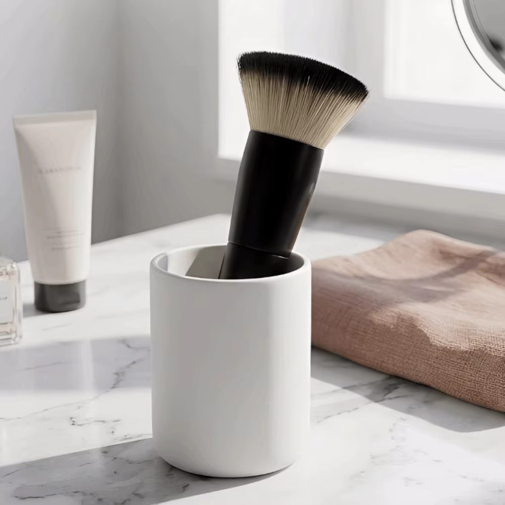 Bàn chải nền FAVORITEGOODS, Bàn chải bột rời đầu phẳng, Tay cầm bằng gỗ cầm tay Bàn chải viền mặt bằng sợi mềm đa chức năng cho ứng dụng Blush