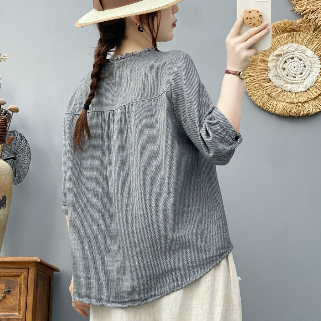 Áo sơ mi nữ Cotton chất lượng cao Sợi ngàn lưới chim dáng rộng Áo sơ mi thường ngày