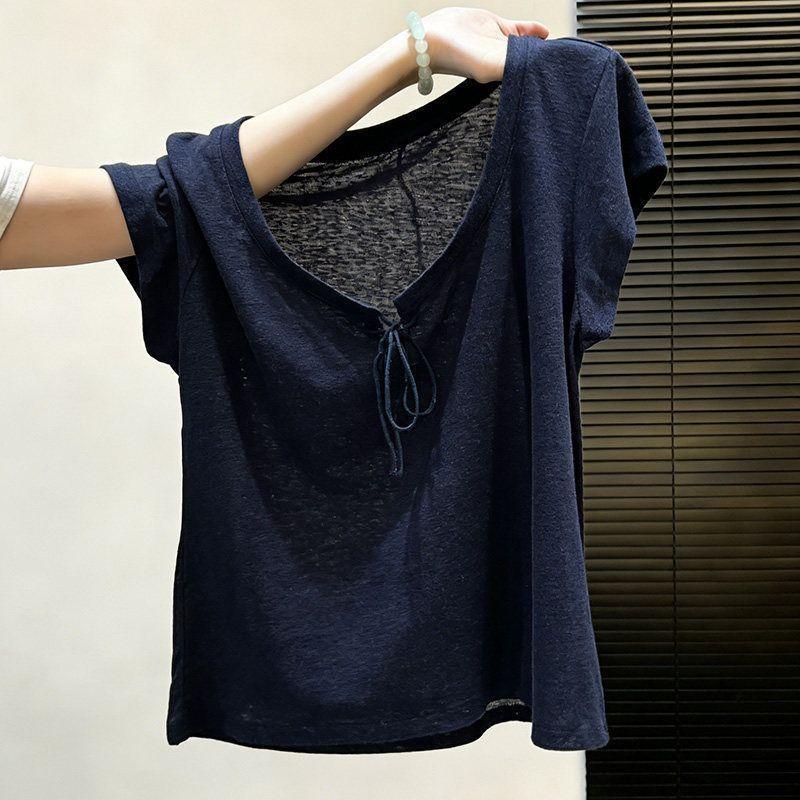 [Giảm giá 50%] Thiết kế Sense Nơ nhỏ gợi cảm buộc dây mùa hè Phong cách mới Giảm tuổi Vai trang trọng Cổ chữ V Áo thun ngắn tay trong suốt hơi