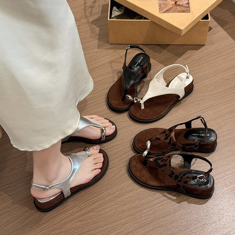 JINxCHOY Giày Sandal Đế Dày Mũi Tròn Thời Trang Phong Cách Hàn Quốc PU Nữ Sinh Khí Retro Chống-