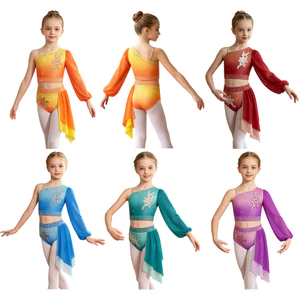 Nyeemya Trẻ Em Bé Gái Kim Cương Giả Màu Sắc Chuyển Trang Phục Khiêu Vũ Lời Một Vai Dài Tay Phồng Crop Top Với Đính Bất Đối Xứng Váy Drap