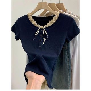 Áo croptop, áo babytee cộc tay phối bèo buộc dây cổ tròn mặc hè dành cho nữ. MẪU MỚI