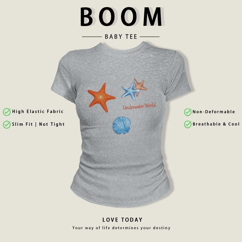 BOOM Áo Baby Tee Nữ Cotton Ôm Body-Áo Thun Ngắn Tay Y2K In Hình PhongCách Mùa Hè, Cổ Tròn Hàng Đầucách hàn quốc phongE40