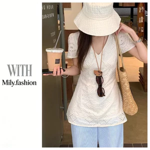 Milyfashion Áo sơ mi thêu ren rỗng, tay ngắn, phong cách mới, phù hợp với nhiều loại quần áo nữ