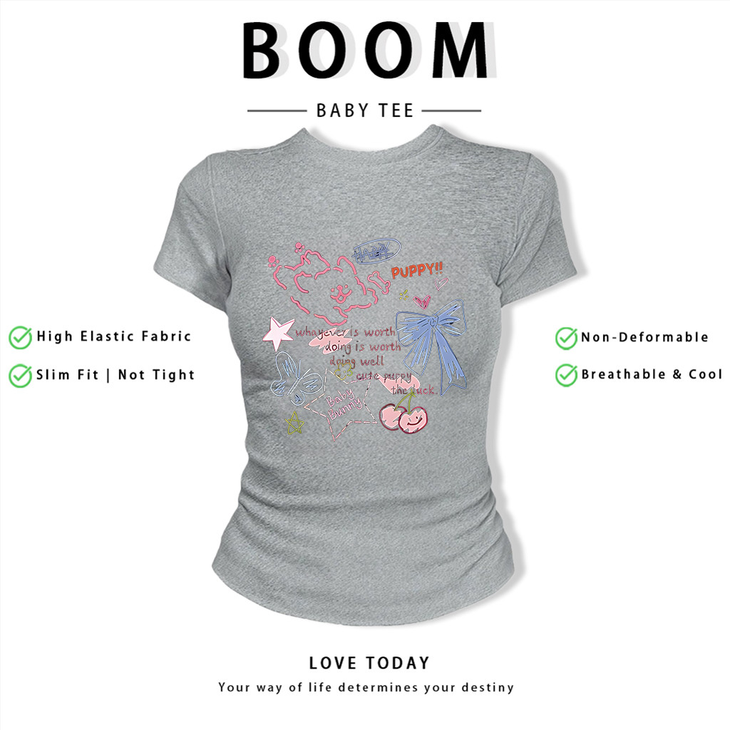 BOOM Áo Baby Tee Nữ Cotton Ôm Body-Áo Thun Ngắn Tay Y2K In Hình PhongCách Mùa Hè, Cổ Tròn Hàng Đầucách hàn quốc phongR38