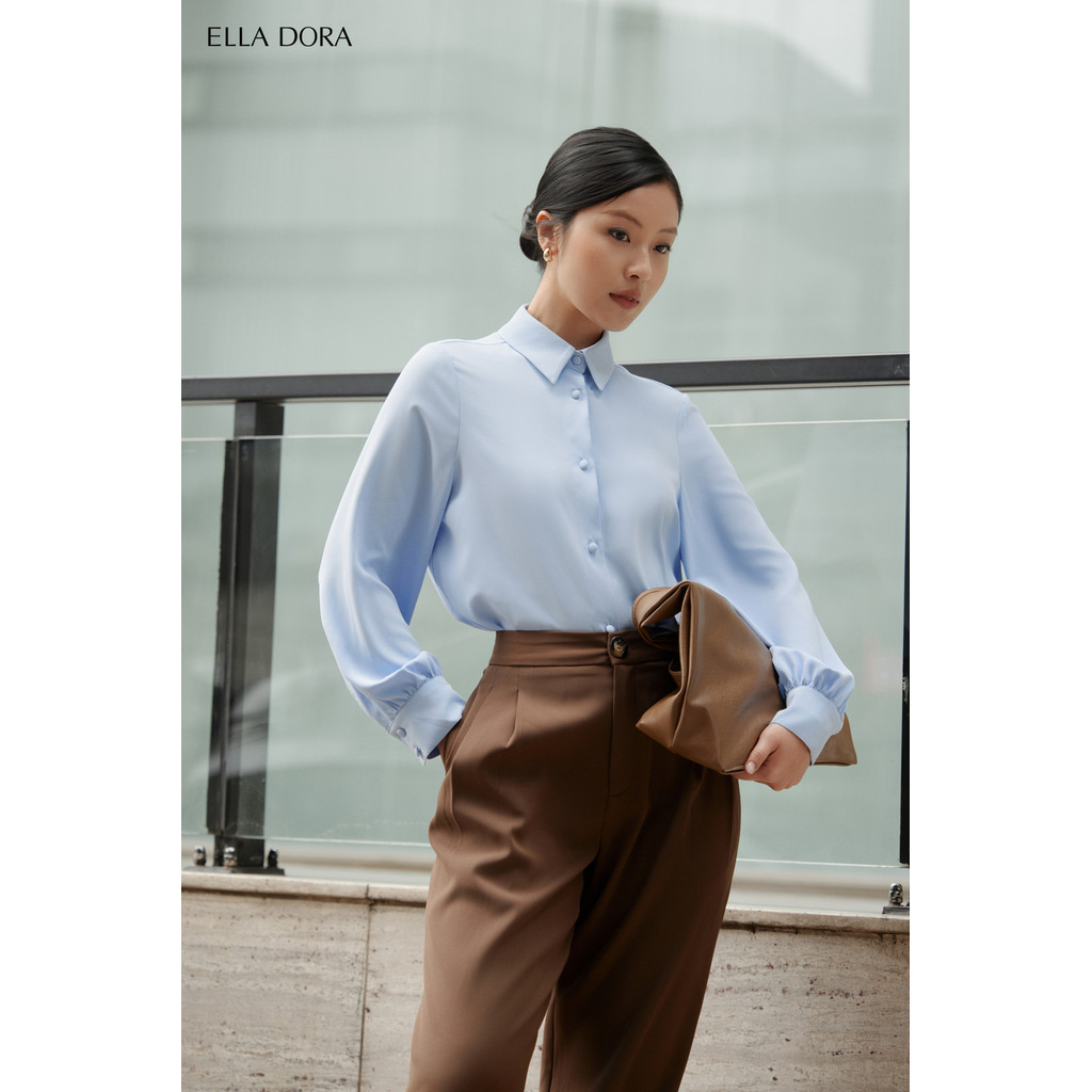 Áo sơ mi nữ ELLA DORA thiết kế dáng suông cúc bọc thanh lịch hiện đại hai màuTRẮNG/XANH [SM146]