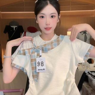 Màu sắc tương phản Áo thun cổ chéo nữ mùa hè với nơ nhỏ