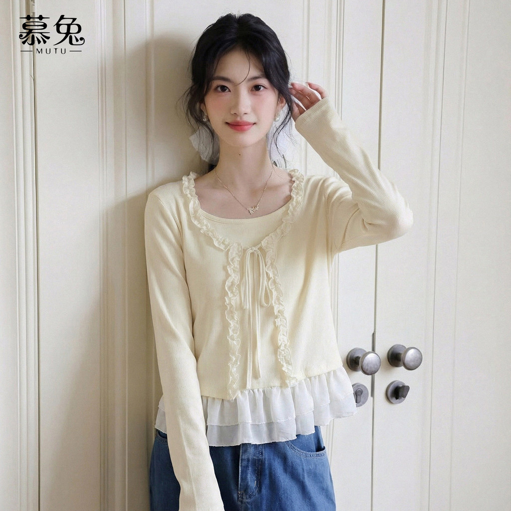 Mutu Phong Cách Nhẹ Nhàng Khâu Giả Hai Mảnh Áo Thun Dài Tay Nữ 2026 Mùa Xuân Phong Cách Mới Thiết Kế Niche Loose Top