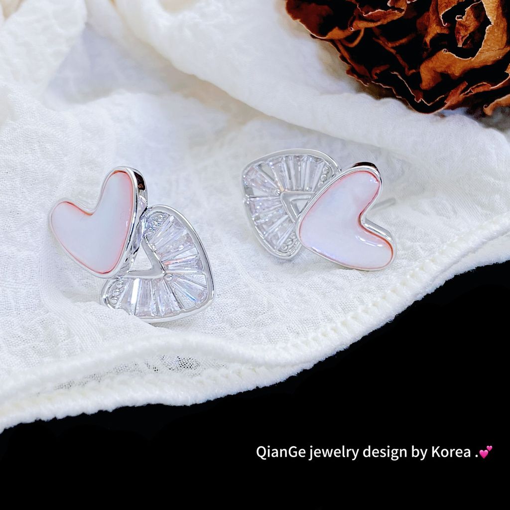 Bông tai mẹ zircon màu hồng hình trái tim, thời trang và sang trọng
