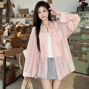 Áo sơ mi chống nắng họa tiết dành cho nữ, mỏng, dáng rộng, dài tay, thoáng khí, áo cardigan ngoài