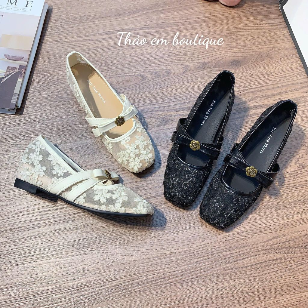 [Thảo Em - BBR8] [Độn đế 5p] Giày búp bê lưới ren hoa phối nơ hoa trà phong cách nhẹ nhàng, tiểu thư