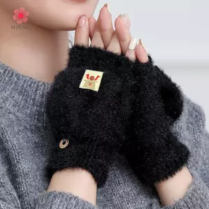 MJnmc Thu Đông Găng Tay Ấm Áp Flip Cover Ngón Găng Tay Mềm Mại Cô Gái Hoạt Hình Dễ Thương Nửa Ngón Dệt Kim Nhung Học Sinh Găng Tay Mới