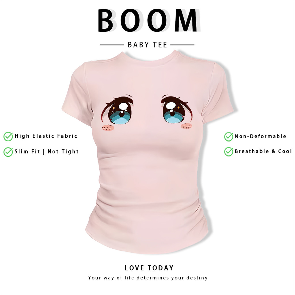 BOOM Áo Baby Tee Nữ Cotton Ôm Body-Áo Thun Ngắn Tay Y2K In Hình PhongCách Mùa Hè, Cổ Tròn Hàng Đầucách hàn quốc phongG82