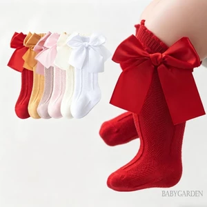 0-2yers Bé Gái Đầu Gối Tất Cao Lưới Thoáng Khí Nơ Lớn Co Giãn Vớ Chống Trơn Trượt Mùa Hè