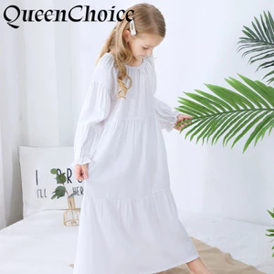 Trẻ Em Bé Gái Phong Cách Công Chúa Màu Trắng Chắc Chắn Dài Tay Đồ Ngủ Trẻ Em Cotton Váy Ngủ