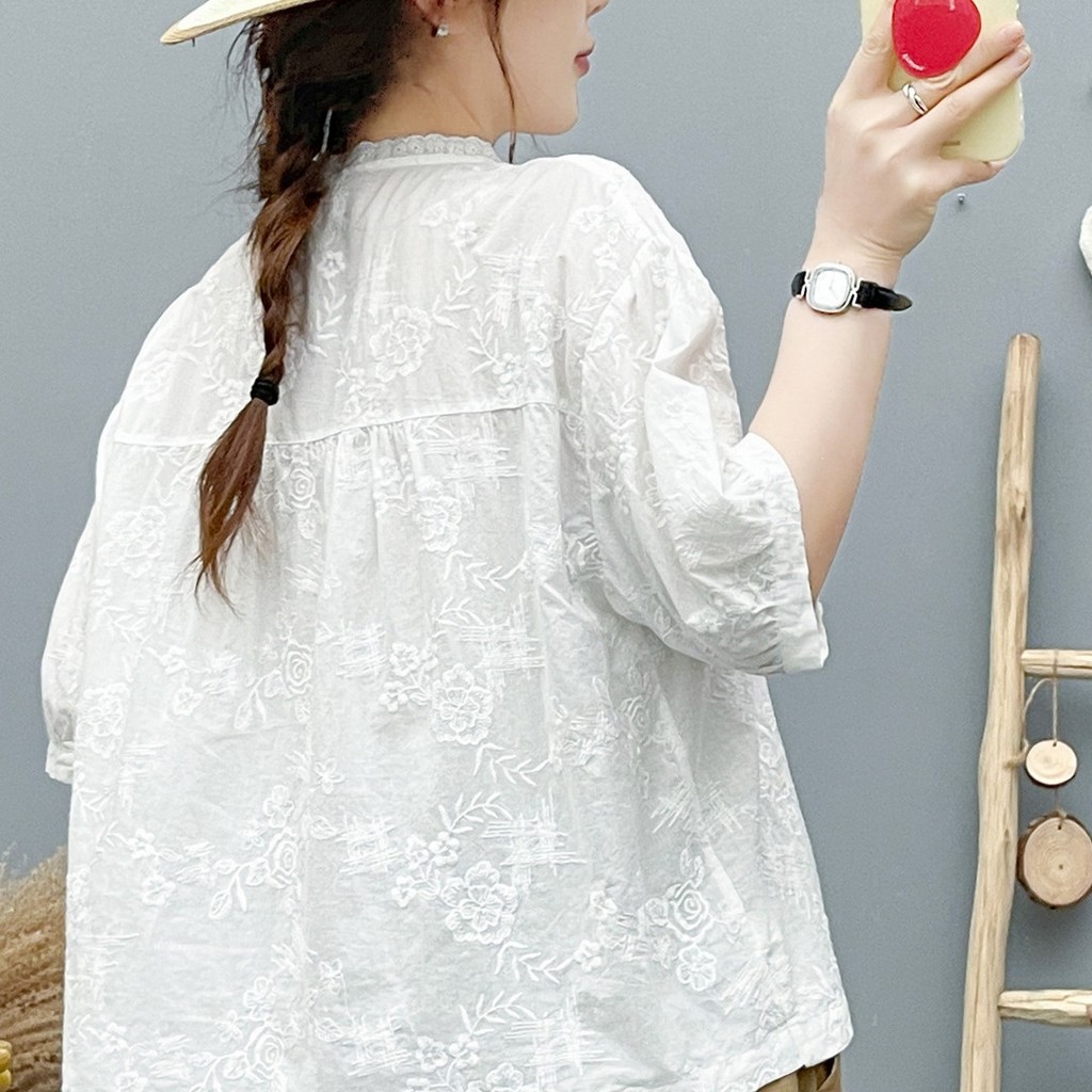 [Sẵn Sàng] Áo Sơ Mi Nữ Sợi Cotton Thêu Hoa Hồng Ba Chiều Chậu Áo Sơ Mi Trắng
