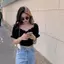 Áo thun ngắn tay một vai cay dành cho nữ mùa hè màu đen ngắn quây xương đòn ngắn tay