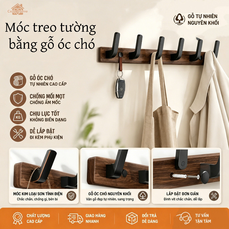 Móc treo tường bằng gỗ óc chó, độ bám dính siêu mạnh, chống thấm nước và chống nấm mốc, chất liệu hợp kim nhôm bền chắc.