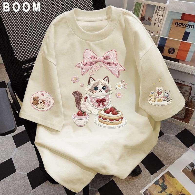 Áo thun chữ thêu nữ kiểu hàn quốc form rộng tay lỡ cổ tròn cotton mát - hè hot trend in cách dễ thương- Local brand #09