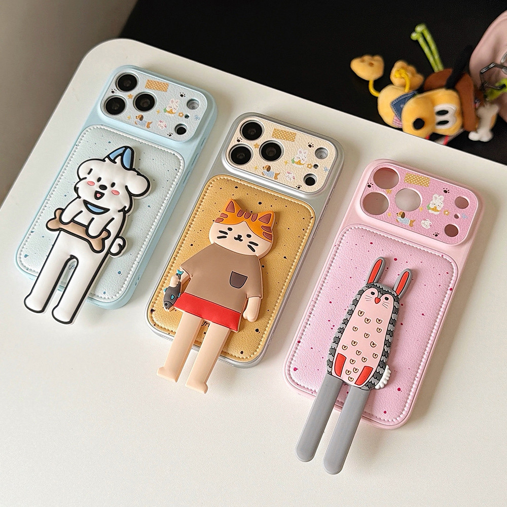 3D Phim Hoạt Hình Mèo Thỏ Giá Đỡ Da Ốp Lưng Điện Thoại iPhone 17 Pro Max 16 15 14 13 Vỏ Bảo Vệ Chống Sốc
