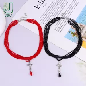 Mặt dây chuyền chữ thập đỏ phong cách Gothic Y2K vintage, hạt giọt máu, món quà Halloween dành cho nữ