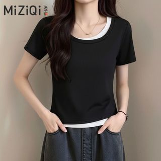 【Nên mua】áo kiểu nữ ngắn tay giả hai lớp, cổ vuông dáng ôm nhẹ, chất cotton mềm mại