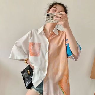 Áo sơ mi nam tay ngắn phong cách Hồng Kông, họa tiết tranh sơn dầu, thiết kế trung tính cao cấp