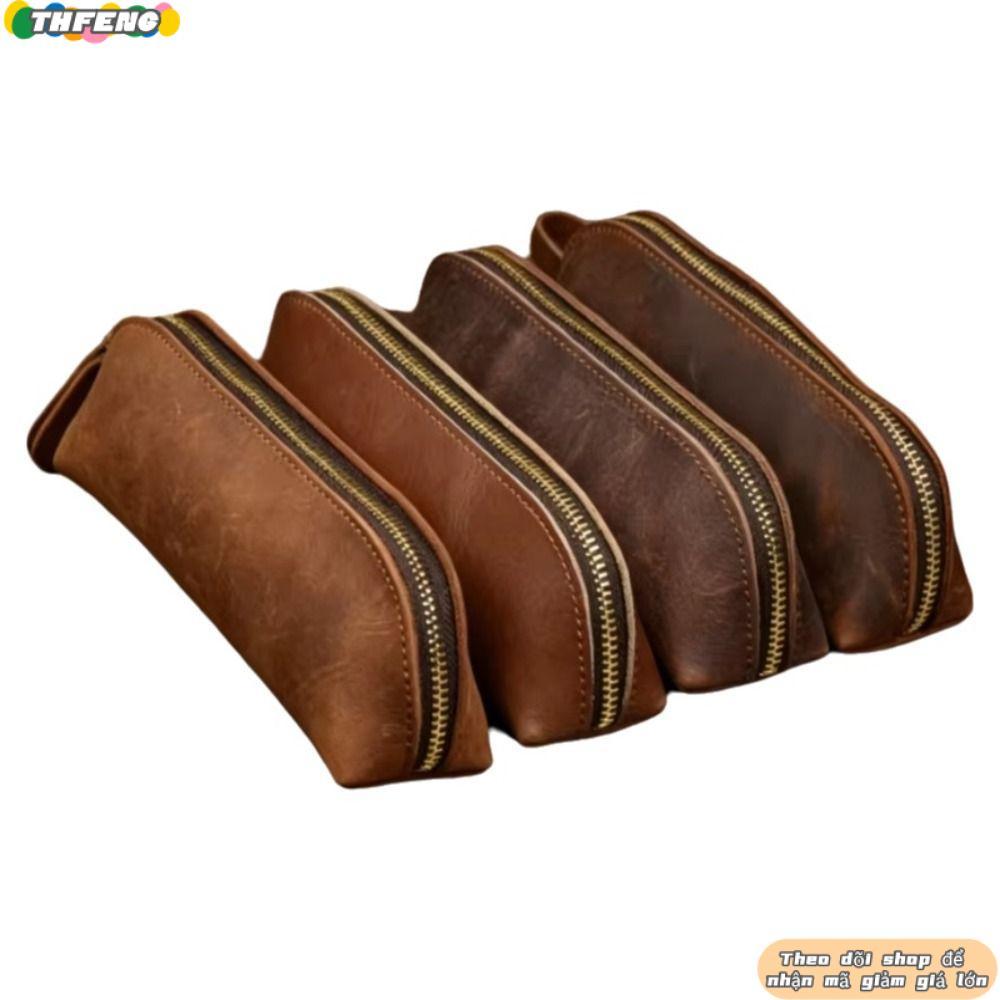 Túi đựng bút chì bằng da THFENG, Túi đựng bút dung tích lớn đa chức năng, Túi đựng văn phòng phẩm có khóa kéo chất lượng cao Sắp xếp trang điểm